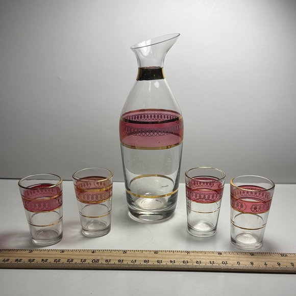 Other - Vintage MCM Pink and Gold Glass decanter shot glass Set of 4